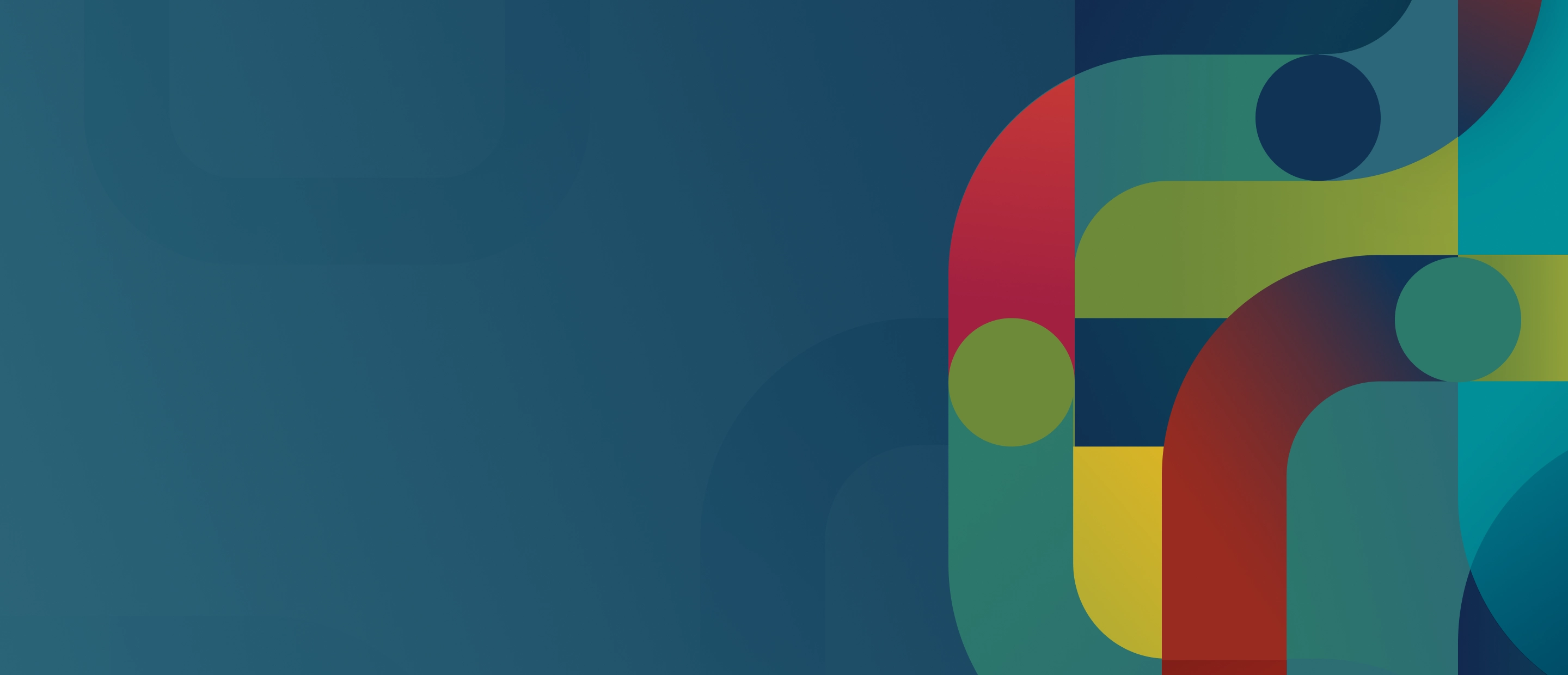 Abstract geometric background with overlapping rounded shapes in teal, blue, green, red, and yellow on a dark teal backdrop, creating a vibrant design accent on the right side of the hero banner.