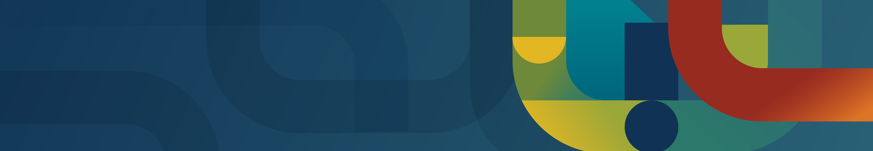 A wide abstract image with layered geometric shapes including curves, circles, and squares in a dark blue, yellow, green, and orange palette.